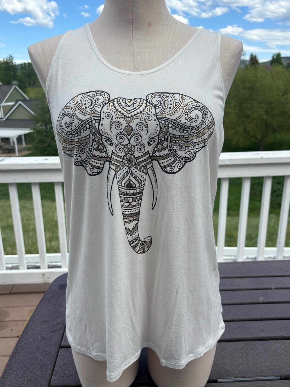 Bear Dance Women's Ivory Tank with Ornate Black Elephant Design
